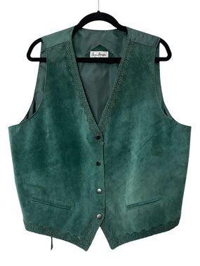Vintage 90s Green Suede Leather & Lace Vest size 2X 18 20 XXL